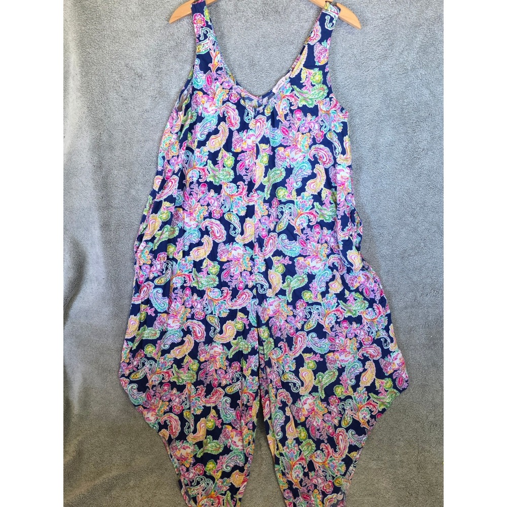 Harlow & Rose Womens XL Paisley Harem Jumpsuit Navy Blue Pink Boho Sleeveless